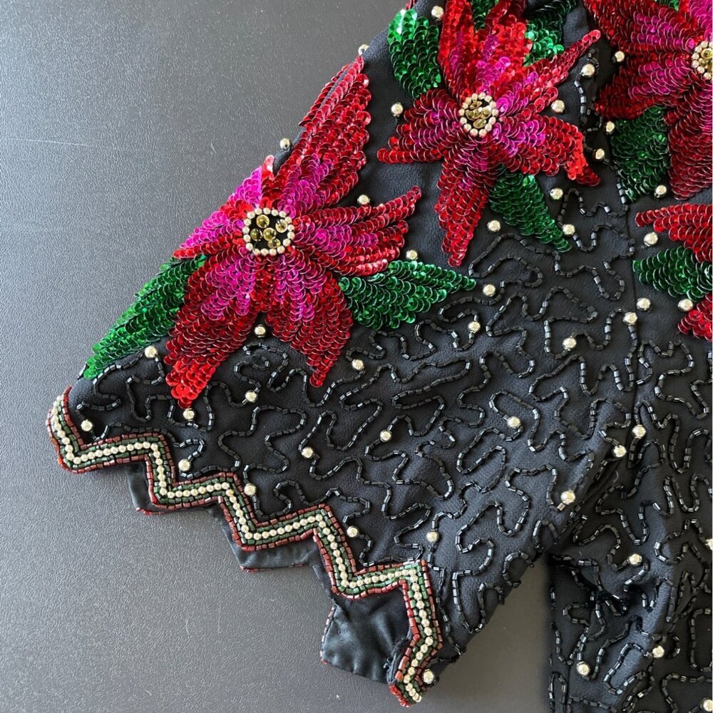 Vintage 90s Laurence Kazar Women Top Size XL Sequin Beaded Floral Party Holiday - Picture 5 of 13